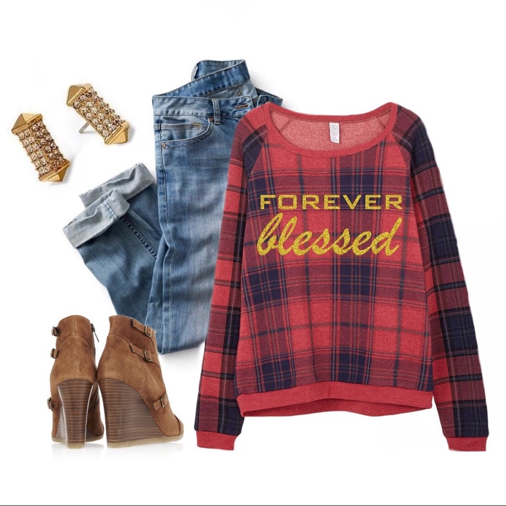 Forever Blessed Plaid Sweatshirt || Red & Navy